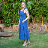 Navy Blue Checks Handspun Cotton Circular Strap Maxi Dress