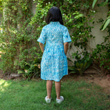 Girls - Ocean Blue Tie-Dye Cotton Gathered Knee Length Shirt Dress
