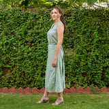 Smoke Green Cotton A-Line Sheath Midi Wrap Dress