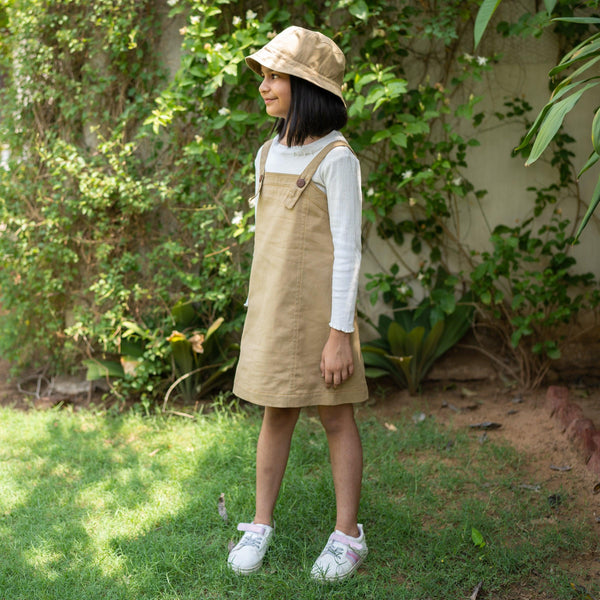 Girls - Pale Khakhi Cotton Twill A-Line Short Pinafore Dress