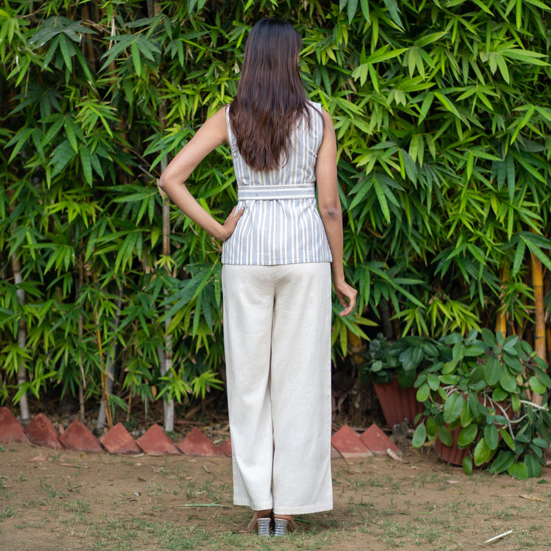 Ecru and Blue Striped Cotton Sleeveless Wrap Top