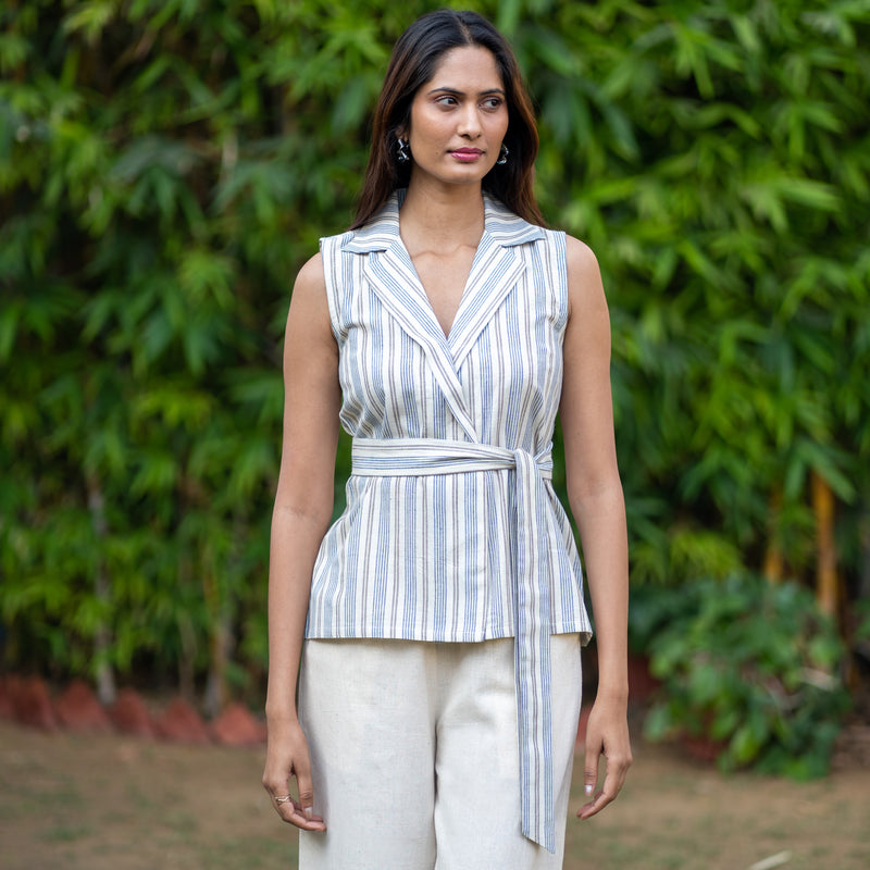 Ecru and Blue Striped Cotton Sleeveless Wrap Top