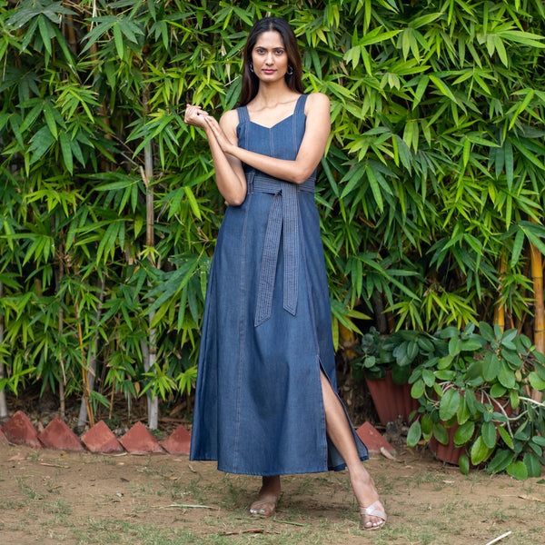 Indigo Cotton Denim Flared Princess Line Ankle Length Slit Dress