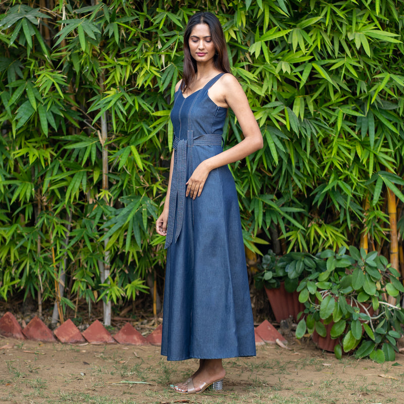 Indigo Cotton Denim Flared Princess Line Ankle Length Slit Dress