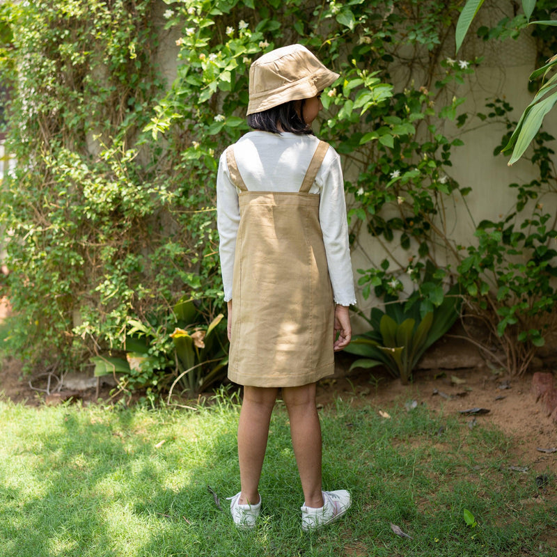 Girls - Pale Khakhi Cotton Twill A-Line Short Pinafore Dress