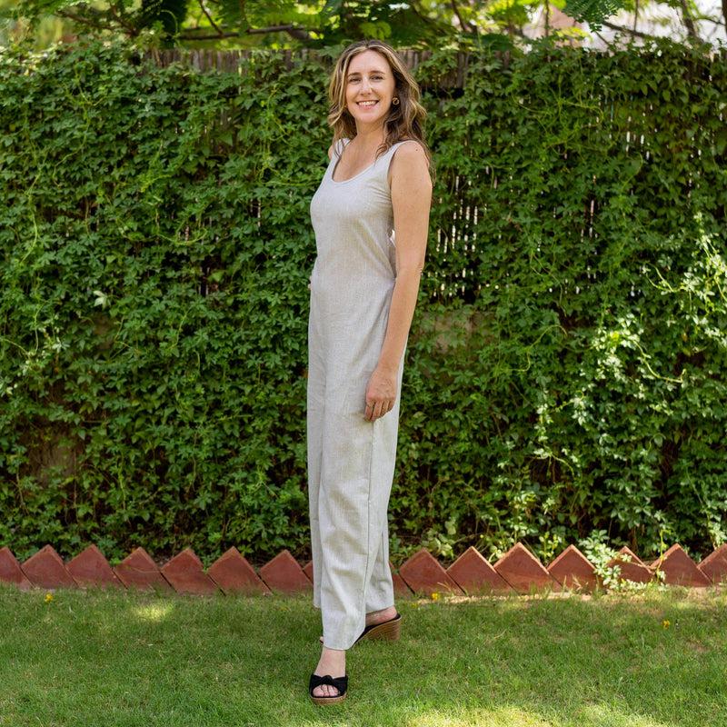 Cloudy Grey Yarn Dyed Cotton Flared Jumpsuit
