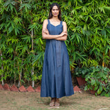 Indigo Cotton Denim Flared Princess Line Ankle Length Slit Dress