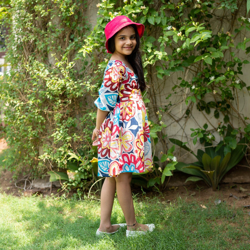 Girls - Multicolor Floral Printed 100% Cotton Gathered Short Dress