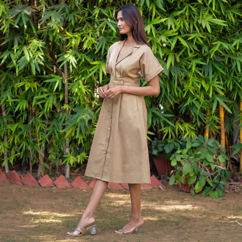 Pale Khakhi Cotton Twill Button-Down Knee Length Trench Dress