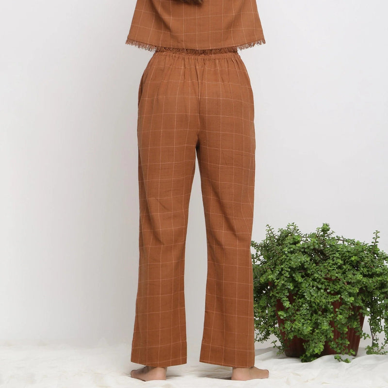 Back View of a Model wearing Almond Brown Handspun Check Pant