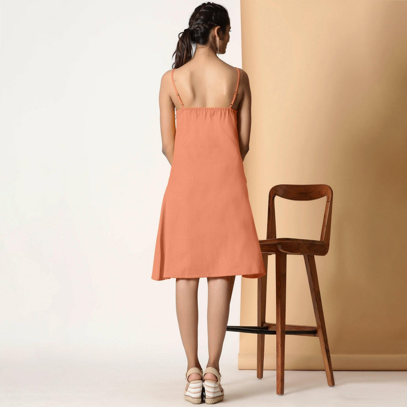 Back View of a Model wearing Apricot Cotton Flax Strappy Slit Dress