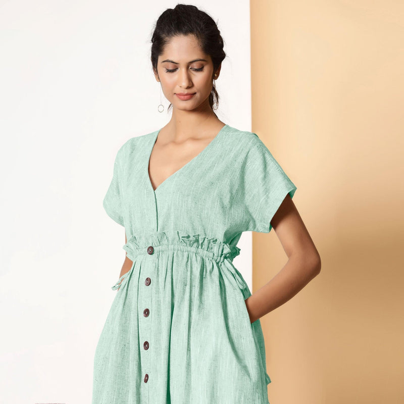 Front View of a Model wearing Bohemian Cotton Aqua Frilled Dress