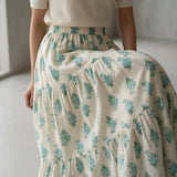 Aqua Floral Hand Print Cotton Elasticated Maxi Tier Skirt