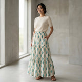 Aqua Floral Hand Print Cotton Elasticated Maxi Tier Skirt