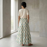 Aqua Floral Hand Print Cotton Elasticated Maxi Tier Skirt