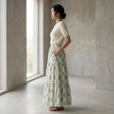 Aqua Floral Hand Print Cotton Elasticated Maxi Tier Skirt