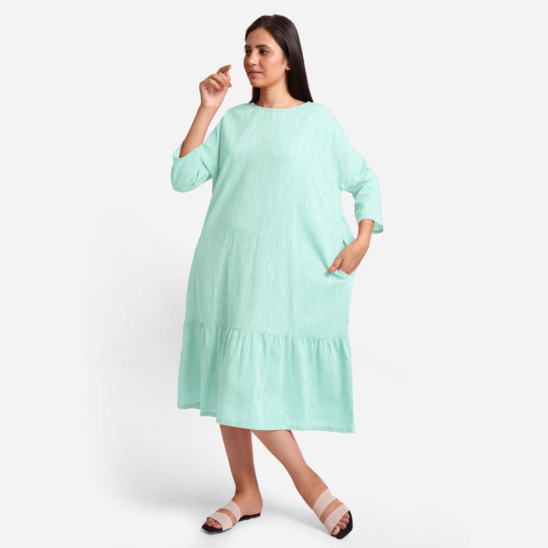 Front View of a Model wearing Aqua Yarn-Dyed 100% Cotton Tier Dress