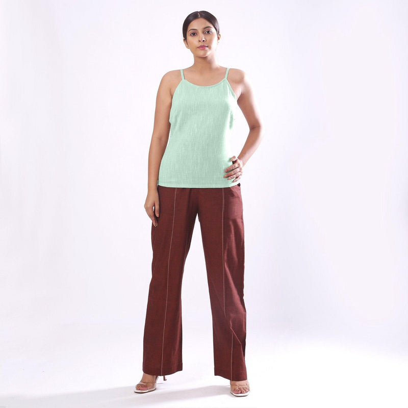 Front View of a Model wearing Solid Aqua Basic Cotton Spaghetti Top