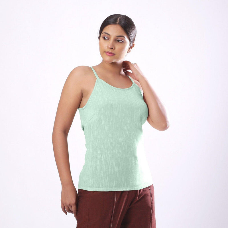 Right View of a Model wearing Solid Aqua Basic Cotton Spaghetti Top