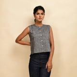 Front View of a Model wearing Ash Grey 100% Cotton Khadi Crop Shirt