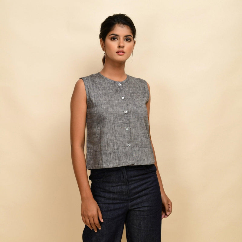 Front View of a Model wearing Ash Grey 100% Cotton Crop Shirt