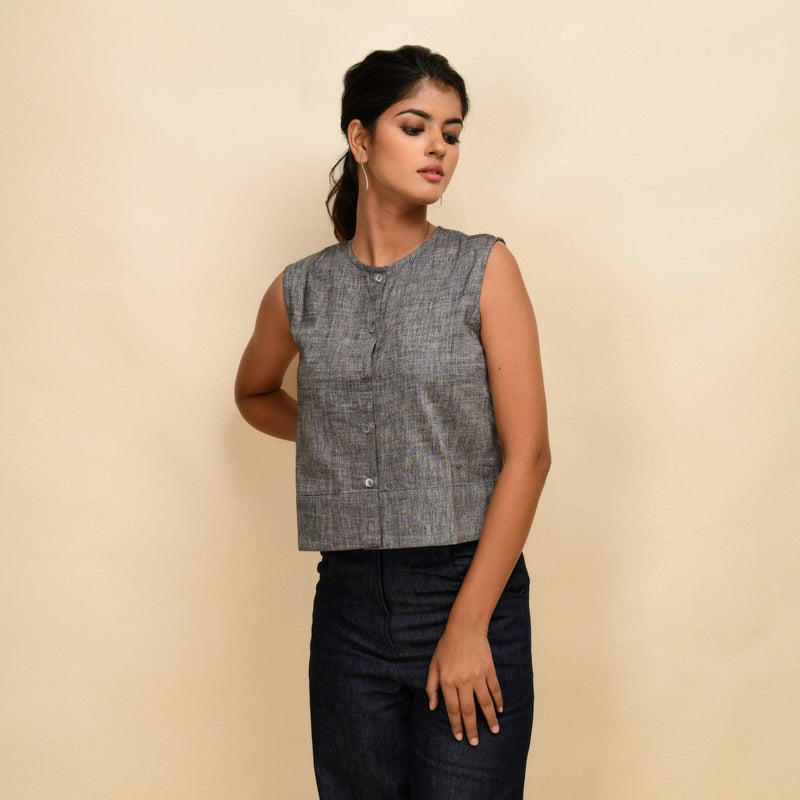 Front View of a Model wearing Ash Grey 100% Cotton Khadi Crop Shirt