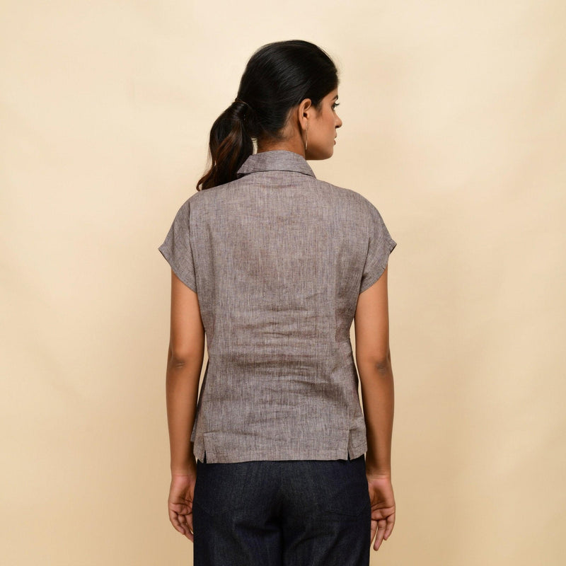 Back View of a Model wearing Ash Grey Deep Neck Button-Down Top