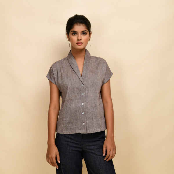 Front View of a Model wearing Ash Grey Deep Neck Button-Down Top