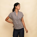 Front View of a Model wearing Ash Grey Deep Neck Button-Down Top