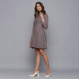 Left View of a Model wearing Ash Grey Button-Down Flannel Dress