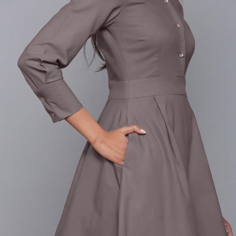 Right Detail of a Model wearing Ash Grey Button-Down Flannel Dress