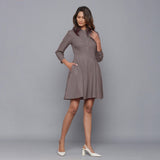 Front View of a Model wearing Ash Grey Button-Down Flannel Dress