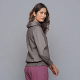 Back View of a Model wearing Ash Grey Cowl Neck Flannel Blouson Top