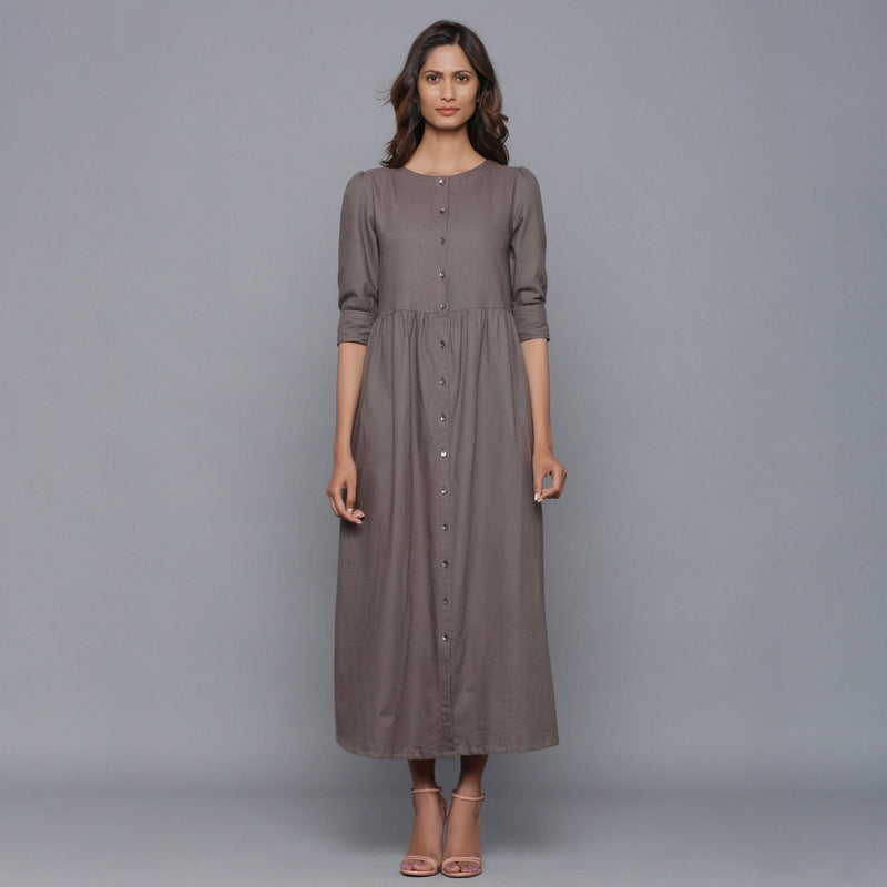 Front View of a Model wearing Ash Grey Flannel Gathered Dress