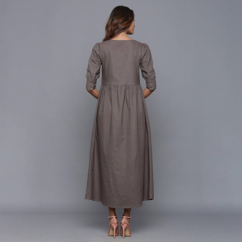 Back View of a Model wearing Ash Grey Flannel Gathered Dress