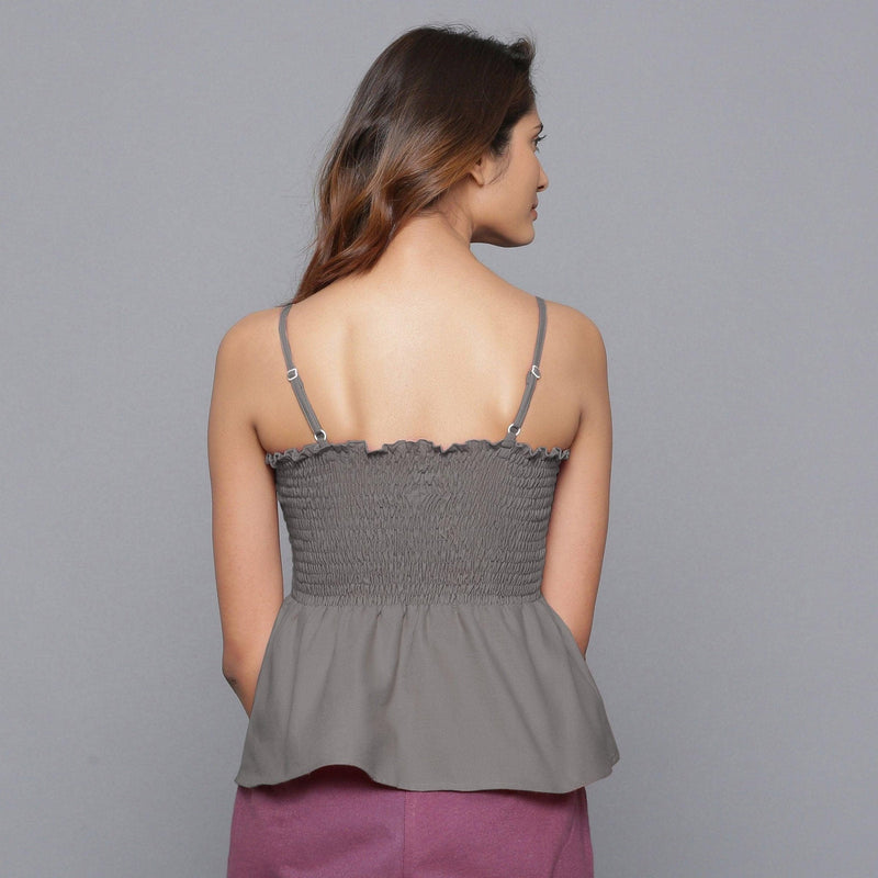 Back View of a Model wearing Ash Grey Flannel Gathered Top