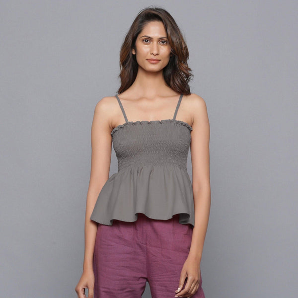 Front View of a Model wearing Ash Grey Flannel Gathered Top