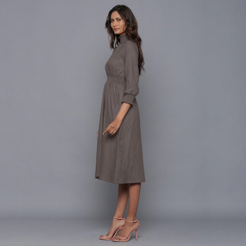 Ash Grey Warm Cotton Flannel High Neck Midi Dress 46" / Custom Height (Free) Ash Grey Warm Cotton Flannel High Neck Midi Dress 46" / Custom Height (Free)