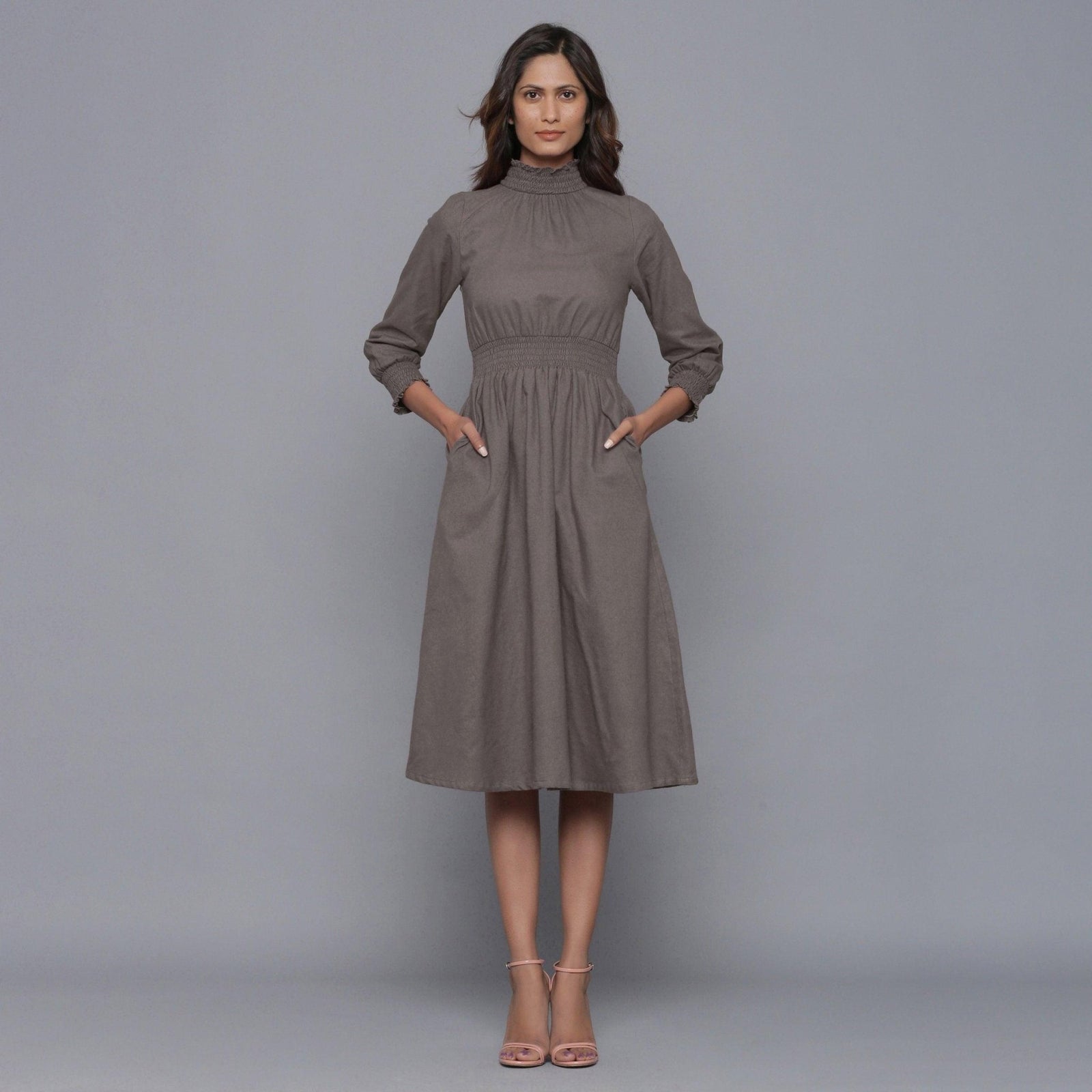 Ash Grey Warm Cotton Flannel High Neck Midi Dress 46" / Custom Height (Free) Ash Grey Warm Cotton Flannel High Neck Midi Dress 46" / Custom Height (Free)