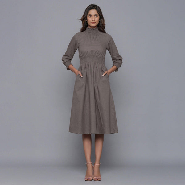Ash Grey Warm Cotton Flannel High Neck Midi Dress