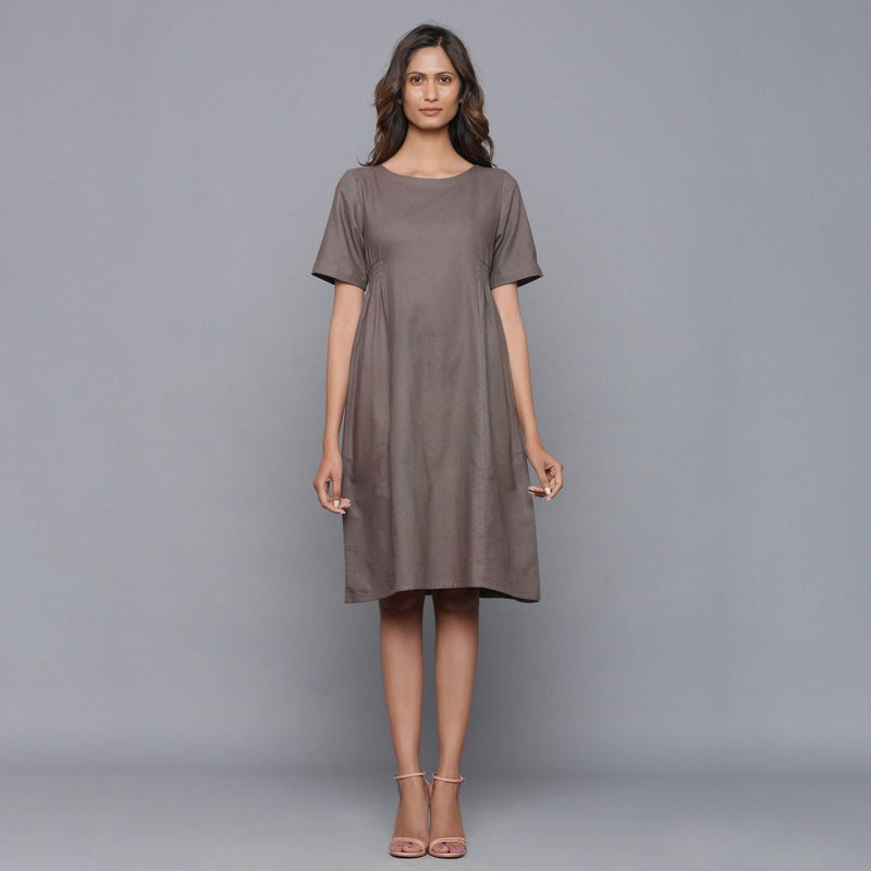 Front View of a Model wearing Ash Grey Paneled Cotton Flannel Dress