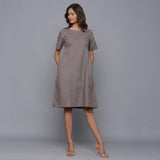 Front View of a Model wearing Ash Grey Paneled Cotton Flannel Dress