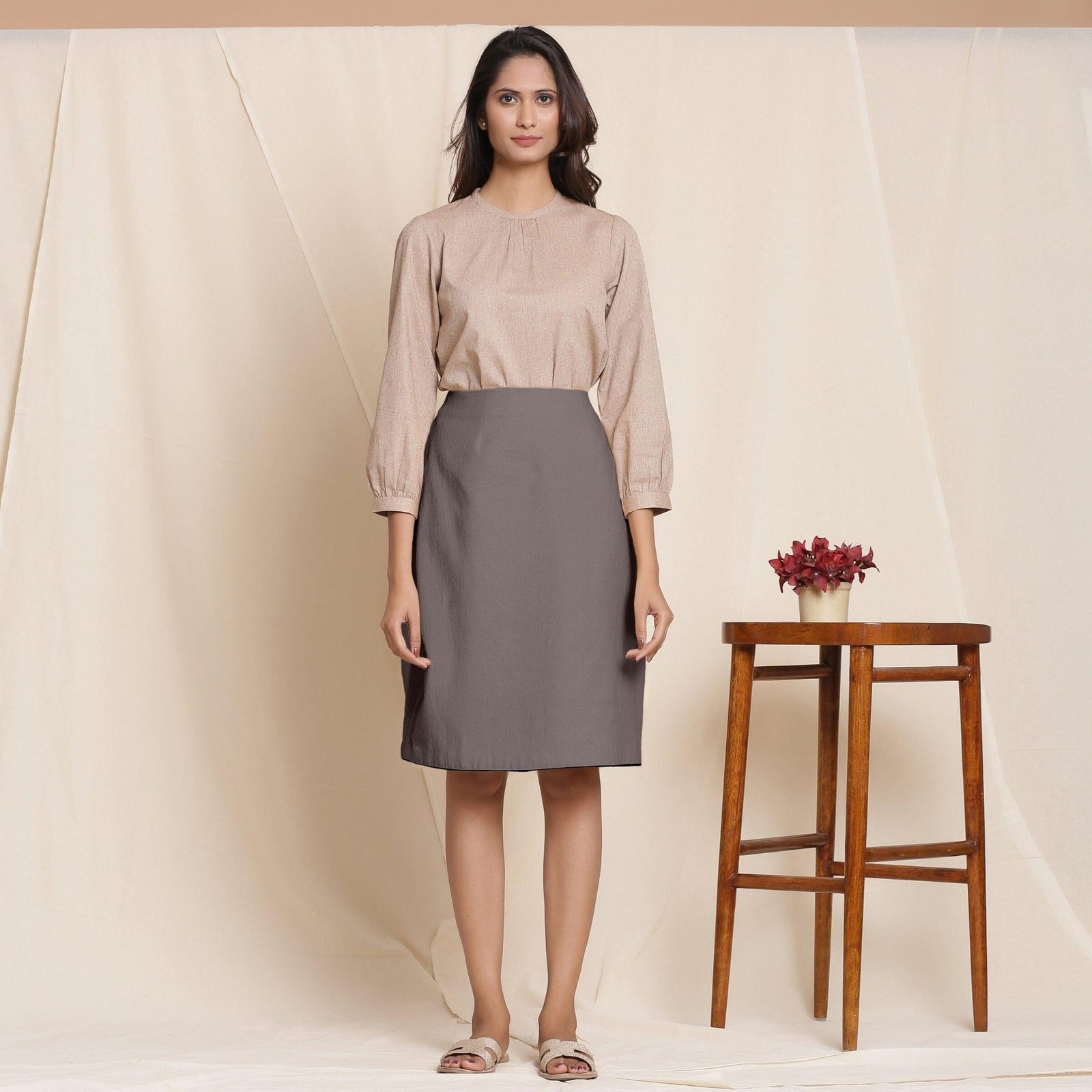 Buy Ash Grey Warm Cotton Flannel Knee-Length Pencil Skirt Online