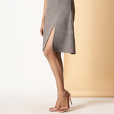 Left View of a Model wearing Warm Flannel Ash Grey Strappy Slit Dress