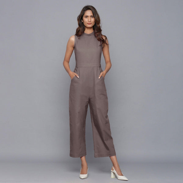 Front View of a Model wearing Ash Grey Flannel Sleeveless Jumpsuit