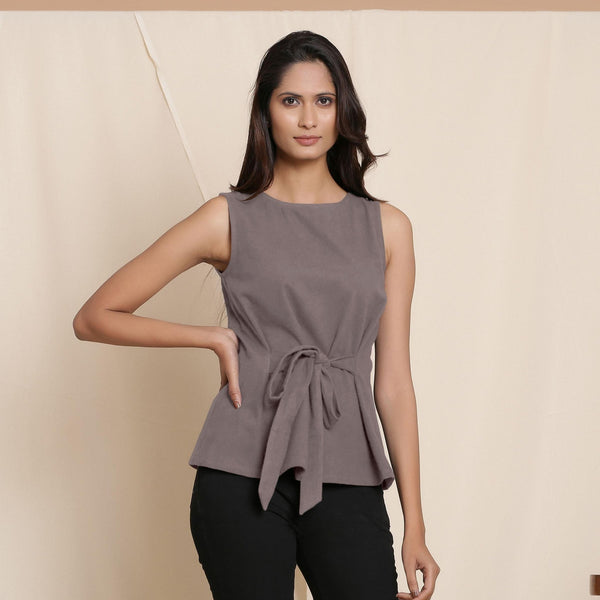 Front View of a Model wearing Warm Ash Grey A-Line Cotton Top