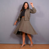 Left View of a Model wearing Ash Grey Warm Cotton Flannel V-Neck Bomber Jacket