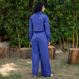 Royal Blue Cotton Poplin High-Rise Elasticated Pleated Wide Legged Pant