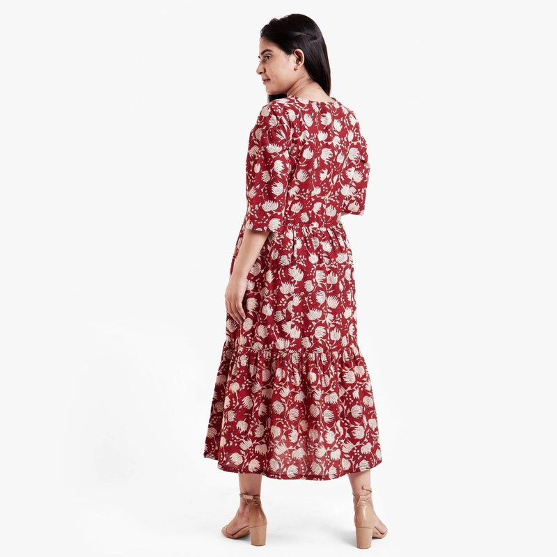 Back View of a Model wearing Bagru Block Print Tier Cotton Dress