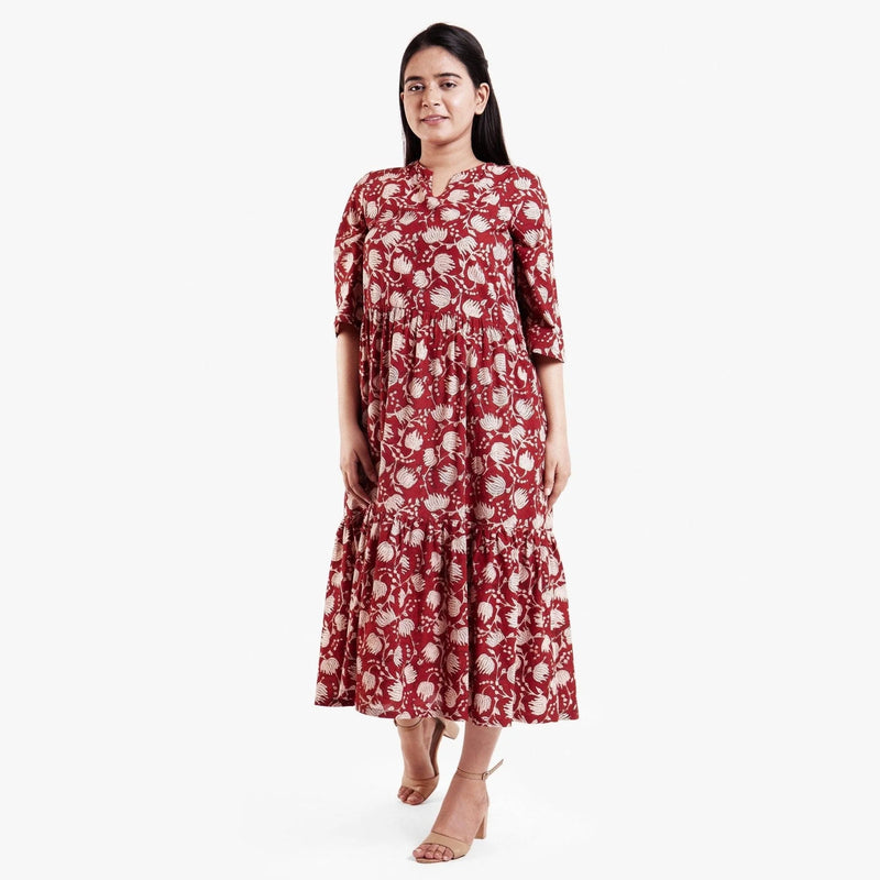 Front View of a Model wearing Bagru Block Print Tier Cotton Dress